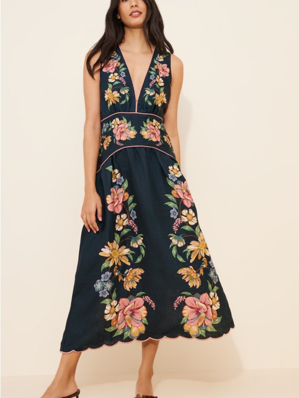 100% Linen FARM Rio Navy Maxi Dress with Multicolor Floral Embroidery